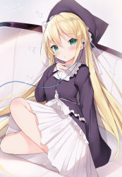 Rule 34 | 1girl, absurdres, black dress, black hat, blonde hair, blush, bow, character request, cisyo, commentary request, commission, couch, dress, green eyes, grey background, hair between eyes, hand up, hat, highres, long hair, long sleeves, looking at viewer, on couch, parted lips, pixiv commission, pleated skirt, simple background, skirt, sleeves past wrists, solo, very long hair, white bow, white skirt, yoake mae yori ruri iro na