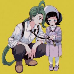 Rule 34 | 2girls, ahoge, androgynous, black hair, black necktie, black pants, blunt bangs, blush stickers, brown footwear, child, collared shirt, creatures (company), ear piercing, earrings, frilled shirt collar, frills, from side, full body, game freak, green hair, highres, holding necktie, jacket, jewelry, long hair, long sleeves, looking at another, low ponytail, multiple girls, necktie, necktie grab, neckwear grab, nintendo, open mouth, pants, pantyhose, pendant, piercing, pokemon, pokemon sv, ponytail, poppy (pokemon), purple eyes, purple footwear, purple jacket, purple skirt, red eyes, reverse trap, rika (pokemon), shirt, shoes, short bangs, short hair, simple background, skirt, skirt set, smile, squatting, standing, suspenders, swept bangs, tearing up, tears, ttanne, visor cap, white pantyhose, white shirt, yellow background