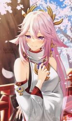 Rule 34 | 1girl, artist name, bare shoulders, blush, breasts, cherry blossoms, genshin impact, hair between eyes, hair ornament, half-closed eyes, hand on own chest, highres, japanese clothes, light smile, long hair, miko, monokuro (sekahate), petals, pink hair, purple hair, smile, solo, tree, upper body, wide sleeves, yae miko