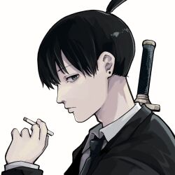 Rule 34 | 1boy, black hair, black necktie, black suit, blue eyes, chainsaw man, cigarette, closed mouth, collared shirt, cropped torso, formal, hayakawa aki, highres, holding, holding cigarette, jacket, looking at viewer, male focus, necktie, portrait, shirt, short hair, simple background, solo, suit, suit jacket, sword, topknot, upper body, weapon, weapon on back, white background, white shirt, yuma kahara