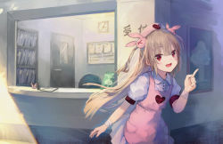 Rule 34 | &gt; &lt;, 1girl, :d, apron, bandaged arm, bandages, blush, bookshelf, brown hair, center frills, chair, clock, collared shirt, door, fang, frills, hair between eyes, hair ornament, hand up, hat, heart, index finger raised, indoors, long hair, looking at viewer, makihitsuji, natori sana, nurse cap, office chair, open mouth, origami, painting (object), paper crane, pink apron, pink hat, pleated skirt, puffy short sleeves, puffy sleeves, rabbit hair ornament, red eyes, sana channel, shirt, short sleeves, skirt, smile, solo, swivel chair, two side up, very long hair, virtual youtuber, wall clock, white shirt, white skirt
