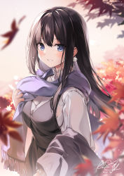 Rule 34 | 1girl, autumn leaves, black hair, blurry, blush, breasts, commentary request, dated, depth of field, grin, highres, karory, large breasts, leaf, long hair, long sleeves, looking at viewer, maple leaf, original, overall skirt, purple eyes, purple shawl, shawl, shirt, sidelocks, simple background, smile, solo, standing, upper body, white shirt
