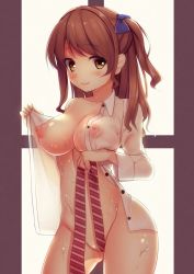 Rule 34 | 1girl, backlighting, bad id, bad pixiv id, blue bow, blush, bottomless, bow, breasts, breasts out, brown eyes, brown hair, buttons, cleavage, closed mouth, collarbone, collared shirt, covered erect nipples, cowboy shot, dress shirt, gluteal fold, groin, hair bow, large breasts, long hair, long sleeves, looking at viewer, naked shirt, necktie, neko neko koneko, nipples, off shoulder, one side up, open clothes, open shirt, original, red necktie, see-through, shirt, smile, solo, striped necktie, striped neckwear, two side up, unbuttoned, unworn necktie, wet, white shirt