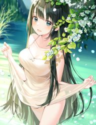 Rule 34 | 1girl, absurdres, bare legs, blunt bangs, branch, breasts, buri (retty9349), cleavage, clothes lift, collarbone, dress, dress lift, fingernails, flower, from above, green eyes, grey eyes, highres, hime cut, huge filesize, illustration, lake, leaf, lens flare, lifted by self, long hair, looking at viewer, medium breasts, open mouth, original, outdoors, petals, sidelocks, solo, sparkle, standing, teeth, tree, upper teeth only, very long hair, water, white dress, white flower
