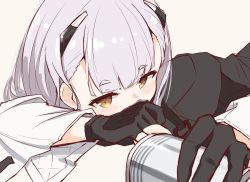 Rule 34 | 1girl, ak-alfa (girls&#039; frontline), black gloves, black jacket, blush, brown background, brown eyes, can, covered mouth, girls&#039; frontline, gloves, grey hair, headgear, holding, holding can, jacket, looking at viewer, matsuo (matuonoie), partially fingerless gloves, simple background, solo, thick eyebrows