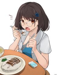 Rule 34 | 1girl, absurdres, bowl, brown eyes, brown hair, chicken (food), commentary, eating, english commentary, food, fork, gamryous, girls&#039; frontline, glasses, highres, holding, holding fork, holding spoon, looking at viewer, plate, rice, sar-21 (girls&#039; frontline), short hair, solo, soup, spoon, table, tissue, vegetable
