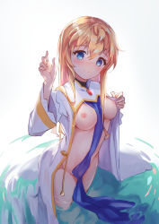 Rule 34 | 10s, 1girl, absurdres, blonde hair, blue eyes, blush, breasts, closed mouth, cowboy shot, dress, faicha, goblin slayer!, head tilt, highres, long hair, long sleeves, looking at viewer, medium breasts, nipples, no bra, open clothes, partially submerged, priestess (goblin slayer!), smile, solo, standing, water