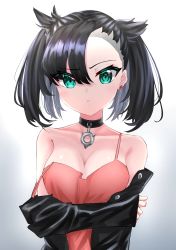 Rule 34 | 1girl, asymmetrical bangs, black hair, black jacket, blush, breasts, choker, cleavage, commentary request, creatures (company), dress, earrings, game freak, green eyes, highres, jacket, jewelry, looking at viewer, marnie (pokemon), nintendo, nupenupewo, pokemon, pokemon swsh, shiny skin, solo, strap slip, upper body