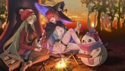 Rule 34 | 2girls, beanie, boots, breasts, bugie, campfire, cape, cleavage, commission, commissioner upload, del (riftdevils), destiny (riftdevils), forest, glasses, green eyes, green hair, hair over one eye, hat, highres, large breasts, leggings, long hair, multiple girls, nature, open mouth, original, red eyes, red hair, scenery, shorts, sitting, sky, smile, sunset, thighs, tree, very long hair, witch hat