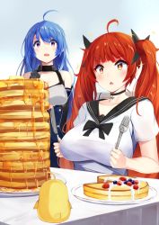 Rule 34 | 2girls, ahoge, azur lane, bare shoulders, black ribbon, blue hair, blueberry, blush, breasts, choker, commentary request, dress, food, fork, fruit, gloves, hair ribbon, helena (azur lane), highres, holding, holding fork, holding knife, honolulu (azur lane), honolulu (umbrella girl) (azur lane), irohara, knife, large breasts, long hair, multiple girls, open mouth, pancake, pancake stack, plate, purple eyes, red eyes, red hair, ribbon, sailor collar, school uniform, short sleeves, sitting, strawberry, surprised, table, twintails, whipped cream