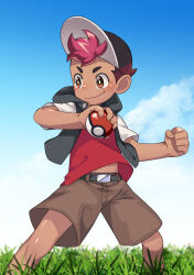 Rule 34 | 1boy, autumn snow, baseball cap, belt, blue sky, brown eyes, brown shorts, commentary, commentary request, creatures (company), dark-skinned male, dark skin, day, english commentary, game freak, hat, jacket, male focus, mixed-language commentary, nintendo, outdoors, pink hair, poke ball, pokemon, pokemon (anime), pokemon horizons, pokemon horizons, red shirt, roy (pokemon), shirt, short hair, shorts, sky, smile, standing