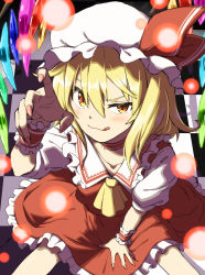 Rule 34 | 1girl, :q, ascot, between legs, blonde hair, blouse, checkered floor, collarbone, commentary request, feet out of frame, flandre scarlet, frilled shirt collar, frilled skirt, frills, from above, hair between eyes, hand between legs, hat, highres, inuno rakugaki, looking at viewer, looking up, medium hair, mob cap, multicolored wings, nail polish, on floor, orange eyes, pink nails, puffy short sleeves, puffy sleeves, red skirt, red vest, shirt, short sleeves, skirt, skirt set, solo, tongue, tongue out, touhou, vest, white hat, white shirt, wings, wrist cuffs, yellow ascot