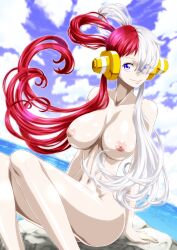 Rule 34 | 1girl, absurdres, breasts, grin, hair over one eye, highres, large breasts, legs, long hair, looking at viewer, multicolored hair, nel-zel formula, nipples, nude, one piece, purple eyes, red hair, shiny skin, sitting, sitting on person, smile, solo, uta (one piece), white hair