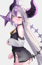 Rule 34 | 1girl, ahoge, ascot, ass, bare shoulders, black dress, blush, braid, breasts, commentary, demon girl, demon horns, demon tail, detached sleeves, dress, fang, female focus, from side, highres, hololive, horns, huge horns, kanzarin, la+ darknesss, long hair, looking at viewer, multicolored hair, no panties, open mouth, purple hair, short dress, small breasts, solo, strapless, strapless dress, tail, thighs, virtual youtuber, white hair, yellow eyes