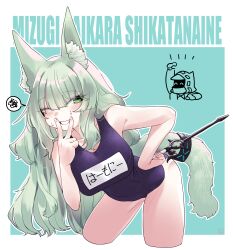 Rule 34 | 1girl, absurdres, animal ear fluff, animal ears, arknights, blue one-piece swimsuit, blush, breasts, cat ears, cat girl, cat tail, cropped legs, green background, green eyes, green hair, hand on own hip, harmonie (arknights), highres, holding, holding wand, infection monitor (arknights), large breasts, leaning forward, long hair, looking at viewer, one-piece swimsuit, one eye closed, school swimsuit, shima (wideshi ma), smile, solo, spoken squiggle, squiggle, swimsuit, tail, tail ornament, tail ring, v, wand