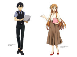 Rule 34 | 1boy, 1girl, :d, absurdres, asuna (sao), black eyes, black footwear, black hair, black necktie, black pants, black vest, brown eyes, brown hair, brown skirt, collarbone, collared shirt, computer, floating hair, full body, grey shirt, high heels, highres, holding, holding laptop, jewelry, kirito, laptop, long hair, long skirt, long sleeves, looking at viewer, necktie, official art, open mouth, pants, pendant, pleated skirt, pumps, red footwear, shirt, short hair, simple background, skirt, smile, standing, sweater, sword art online, very long hair, vest, white background, white sweater, wing collar
