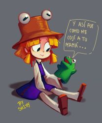 Rule 34 | 1girl, artist name, blonde hair, eyes visible through hair, freckles, frog, grey background, hat, highres, kermit the frog, looking at another, medium hair, moriya suwako, muppet, muppets, on floor, puppet, pyonta, sh1tty, simple background, sitting, spanish text, speech bubble, white legwear, wide sleeves