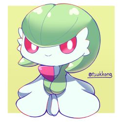Rule 34 | 1girl, artist name, bob cut, border, chibi, closed mouth, colored sclera, colored skin, creatures (company), female focus, flat chest, full body, game freak, gardevoir, gen 3 pokemon, green hair, green skin, happy, highres, legs together, looking to the side, multicolored skin, nintendo, outside border, own hands together, pokemon, pokemon (creature), red sclera, short hair, signature, simple background, smile, solo, split mouth, standing, tsukkon, twitter username, two-tone skin, v arms, white border, white eyes, white skin, yellow background