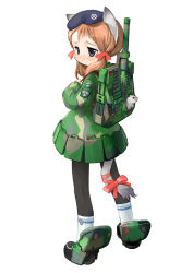 Rule 34 | 1girl, animal ears, backpack, bag, beret, black eyes, black footwear, black pantyhose, blue hat, blush, bow, brown hair, cannon, coat of arms, full body, gas can, girl arms, hair bow, hair ribbon, hat, holding strap, mecha musume, military, military uniform, mouse, no nose, pantyhose, personification, photoshop (medium), purple eyes, red ribbon, ribbon, sad, shoes, socks, solo, stridsvagn 103 (personification), sweden, swedish flag, swedish uniform, tail, tail bow, tail ornament, tail ribbon, tre kronor, twintails, uniform, white background, white footwear, white socks, zeco