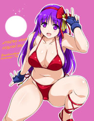 Rule 34 | 1girl, asamiya athena, athena (series), bikini, blush, breasts, cleavage, fingerless gloves, gloves, groin, hairband, huge breasts, leg up, long hair, looking at viewer, navel, open mouth, plump, purple eyes, purple hair, red hairband, side-tie bikini bottom, sideboob, smile, snk, solo, swimsuit, the king of fighters, thick thighs, thighs, yukitaka