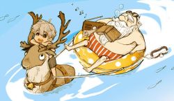 Rule 34 | 2boys, antlers, beard, bell, child, closed eyes, collar, facial hair, fish, glasses, goggles, horns, innertube, male focus, multiple boys, neck bell, old, old man, parallela66, partially submerged, radio, reindeer, santa claus, shorts, sleeping, summer, sunglasses, swim ring, water, white hair