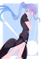 Rule 34 | 1girl, absurdres, black dress, blue hair, china dress, chinese clothes, dress, ear piercing, earrings, feet out of frame, highres, jewelry, kerorira, lize helesta, long hair, nijisanji, own hands together, piercing, ponytail, purple eyes, short sleeves, side slit, sketch, solo, two-tone background, virtual youtuber