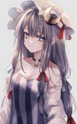 Rule 34 | 1girl, absurdres, bare shoulders, breasts, choker, cleavage, crescent, crescent hair ornament, dress, grey background, hair ornament, hat, highres, long hair, maho moco, mob cap, patchouli knowledge, purple dress, purple eyes, purple hair, simple background, solo, touhou, upper body, very long hair