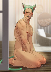 Rule 34 | 1boy, absurdres, animal ears, ass, bara, blush, cat boy, cat ears, cat tail, completely nude, earrings, fatcat, green hair, highres, jewelry, large pectorals, male focus, muscular, muscular male, nipples, nude, one eye closed, one piece, pectorals, roronoa zoro, scar, scar across eye, scar on face, short hair, single earring, solo, tail, thighs