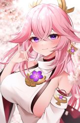 Rule 34 | 1girl, bad id, bad twitter id, bare shoulders, blurry, blurry background, blush, breasts, cherry blossoms, closed mouth, detached sleeves, earrings, fox shadow puppet, genshin impact, hair between eyes, hair ornament, hand up, highres, japanese clothes, jewelry, large breasts, long hair, looking at viewer, namagome negi, pink hair, purple eyes, shirt, single earring, skindentation, solo, upper body, vision (genshin impact), white shirt, wide sleeves, yae miko