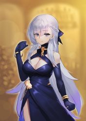 Rule 34 | 1girl, absurdres, azur lane, belfast (azur lane), belfast (the noble attendant) (azur lane), blue dress, blue eyes, blue gloves, bracelet, braid, breasts, cleavage, crown braid, dress, elbow gloves, gloves, hair ribbon, hand up, highres, jewelry, long hair, looking at viewer, lordol, medium breasts, necklace, ribbon, ring, silver hair, solo, yellow background
