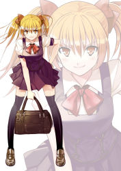 Rule 34 | &gt;:), 1girl, absurdres, bag, black skirt, black thighhighs, blonde hair, breasts, female focus, gaou (umaiyo puyoman), hair ribbon, highres, leaning forward, loafers, looking at viewer, miniskirt, neck ribbon, original, pleated skirt, puffy sleeves, ribbon, school bag, school uniform, shoes, short hair, skirt, solo, thighhighs, twintails, uniform, v-shaped eyebrows, white background, yellow eyes, zettai ryouiki, zoom layer