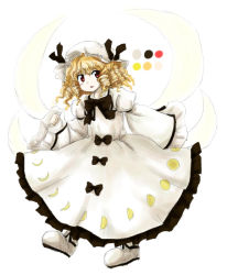 Rule 34 | 1girl, :o, blonde hair, color guide, dress, drill hair, fairy wings, hat, huyusilver, juliet sleeves, long sleeves, looking at viewer, luna child, mob cap, moon phases, moon print, official style, palette (object), puffy sleeves, red eyes, shoes, short hair, sleeves past wrists, solo, touhou, wide sleeves, wings, zun (style)
