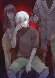Rule 34 | 1girl, 2boys, arm support, black eyes, black shirt, brown shirt, buttons, chair, cheek rest, double-breasted, dress, feet out of frame, glasses, green necktie, grey hair, heterochromia, highres, holding, kamishiro rize, kaneki ken, kyuuba melo, long hair, long sleeves, multiple boys, necktie, omori yakumo, pants, puffy short sleeves, puffy sleeves, red background, red eyes, red hair, shirt, short hair, short sleeves, shorts, sitting, tokyo ghoul, torn clothes, torn shirt, torn shorts