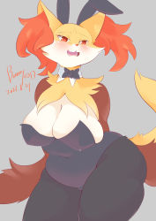 Rule 34 | 1girl, :3, absurdres, animal ear fluff, animal ears, animal nose, arms behind back, black bow, black bowtie, black fur, black leotard, blush, body fur, bow, bowtie, breasts, cleavage, covered navel, cowboy shot, creatures (company), dated, delphox, detached collar, english text, fangs, female focus, fox ears, fox girl, fox tail, furry, furry female, game freak, gen 6 pokemon, grey background, half-closed eyes, highres, huge breasts, japanese text, leotard, looking at viewer, mixed-language text, multicolored fur, nintendo, open mouth, pokemon, pokemon (creature), red eyes, red fur, simple background, skindentation, snout, solo, standing, strapless, strapless leotard, tail, teeth, thick thighs, thighs, translated, ukenya, white fur, wide hips, yellow fur