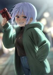 Rule 34 | 1girl, alternate costume, blue eyes, blurry, blurry background, blush, chris (konosuba), commentary request, denim, dutch angle, fang, gift, green jacket, grey hair, grin, hand in pocket, highres, holding, holding gift, hood, hood down, hooded jacket, izawa (bhive003), jacket, jeans, kono subarashii sekai ni shukufuku wo!, open clothes, open jacket, outdoors, pants, short hair, smile, solo, sweater tucked in, teeth