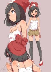 Rule 34 | 1girl, bare shoulders, beanie, black eyes, black hair, black thighhighs, breasts, clearite, creatures (company), from behind, game freak, hat, multiple views, nintendo, open mouth, pokemon, pokemon sm, selene (pokemon), shorts, simple background, sketch, small breasts, standing, strap slip, tank top, teeth, thighhighs, upper teeth only
