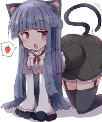 Rule 34 | 1girl, absurdres, all fours, animal ears, animal hands, black gloves, black skirt, black thighhighs, blue hair, blush, buttons, cat ears, cat girl, cat tail, commentary, dot nose, fang, food, frilled skirt, frills, fruit, gloves, highres, idolmaster, idolmaster cinderella girls, juliet sleeves, long hair, long sleeves, looking at viewer, open mouth, paw gloves, puffy sleeves, red eyes, red ribbon, ribbon, sajo yukimi, shirt, sidelocks, skin fang, skirt, solo, speech bubble, strawberry, tail, thighhighs, thighs, umberblack, white background, white shirt, zettai ryouiki