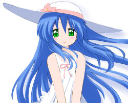 Rule 34 | 00s, 1girl, bad id, bad pixiv id, bare shoulders, blush, collarbone, dress, green eyes, hat, izumi kanata, kamia (not found), long hair, looking at viewer, lucky star, simple background, sleeveless, sleeveless dress, solo, sun hat, sundress, very long hair, white background