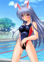 Rule 34 | 1girl, :&gt;, animal ears, blue hair, blush, body writing, breasts, competition swimsuit, covered erect nipples, day, heart, heart-shaped pupils, impossible clothes, impossible swimsuit, lane line, long hair, medium breasts, naughty face, one-piece swimsuit, onna kishi no shiro, outdoors, pool, poolside, purple eyes, rabbit ears, reisen udongein inaba, smile, solo, spread legs, standing, swimsuit, symbol-shaped pupils, tally, touhou, wet