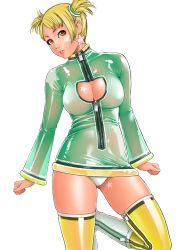 Rule 34 | 1girl, blonde hair, boots, breasts, cleavage, dress, earrings, highres, jewelry, large breasts, latex, latex dress, latex legwear, looking at viewer, original, panties, see-through, short dress, short twintails, simple background, solo, standing, star (symbol), thighhighs, thighs, twintails, underwear, upskirt, white panties, yellow eyes, zipper, zonda (solid air)