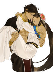 Rule 34 | 1boy, 1girl, abs, absurdres, ahoge, black jacket, bracelet, brown hair, closed eyes, couple, dark-skinned female, dark-skinned male, dark skin, earrings, egyptian, egyptian clothes, fate/grand order, fate (series), flower, hair flower, hair ornament, highres, jacket, jewelry, necklace, nefertari (fate), open clothes, open jacket, ozymandias (fate), robe, short hair, simple background, smile, u raida0, white background, white robe