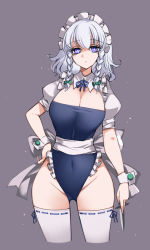 Rule 34 | 1girl, adapted costume, blue leotard, bow, braid, breasts, cleavage, cleavage cutout, closed mouth, clothing cutout, collared shirt, commentary, covered navel, cowboy shot, cropped legs, green bow, grey background, groin, hair between eyes, highres, holding, holding knife, izayoi sakuya, knife, large breasts, leotard, maid, maid headdress, puffy short sleeves, puffy sleeves, purple eyes, raptor7, shirt, short hair, short sleeves, silver hair, simple background, solo, symbol-only commentary, thighhighs, thighs, touhou, twin braids, white shirt, white thighhighs
