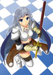 Rule 34 | 1girl, armor, armored boots, black thighhighs, blue cape, blue eyes, boobplate, boots, breastplate, brown cape, brown skirt, cape, checkered background, commentary request, cross, full body, gauntlets, grey hair, highres, holding, holding sword, holding weapon, kurohachiboku, long hair, looking at viewer, open mouth, paladin (ragnarok online), pauldrons, ragnarok online, scabbard, sheath, shoulder armor, skirt, solo, standing, sword, thick eyebrows, thighhighs, waist cape, weapon