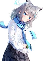 Rule 34 | 1girl, absurdres, animal ear fluff, animal ears, blue archive, blue eyes, blue necktie, blue scarf, blush, closed mouth, commentary request, fringe trim, gloves, green gloves, grey hair, grey skirt, hair between eyes, halo, highres, long sleeves, looking at viewer, miso (misomiso 154), necktie, plaid, plaid skirt, pleated skirt, scarf, shiroko (blue archive), shirt, simple background, skirt, sleeves past wrists, solo, wet, wet clothes, wet hair, wet shirt, white background, white shirt