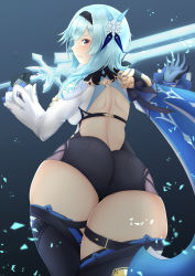 Rule 34 | 1girl, absurdres, aqua hair, ass, bare shoulders, blush, breasts, cape, claymore (sword), detached sleeves, eula (genshin impact), from behind, from below, genshin impact, gloves, greatsword, hairband, highres, huge ass, large breasts, leotard, long hair, looking at viewer, looking back, mee don, parted lips, shiny clothes, shiny skin, sideboob, smile, solo, sword, thick thighs, thighhighs, thighs, weapon, yellow eyes