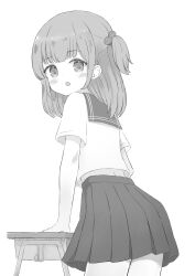 Rule 34 | 1girl, blush, desk, from behind, greyscale, highres, looking at viewer, medium hair, monochrome, open mouth, original, pleated skirt, school desk, school uniform, simple background, skirt, solo, tyakomes, white background