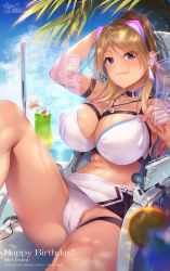 Rule 34 | 1girl, :q, bikini, black eyes, blonde hair, blurry, breasts, brown hair, cameltoe, chair, character name, cloud, cloudy sky, commentary request, cup, dark skin, depth of field, drinking glass, gradient hair, gyaru, happy birthday, highres, hozumi kaoru, idolmaster, idolmaster shiny colors, izumi mei, large breasts, long hair, looking at viewer, multicolored hair, nail polish, navel, palm tree, parted bangs, ponytail, purple nails, sky, solo, swimsuit, tongue, tongue out, tree, white bikini