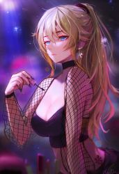 Rule 34 | 1girl, absurdres, alternate costume, black nails, black tank top, blonde hair, blue eyes, breasts, choker, cleavage, crop top, earrings, fingernails, fishnet top, fishnets, frown, genshin impact, hair between eyes, highres, huge filesize, jean (genshin impact), jewelry, large breasts, light particles, light rays, lips, long hair, looking at viewer, makeup, mascara wand, nail polish, nose, ponytail, revision, sidelocks, signature, solo, sunbeam, sunlight, tank top, tattoo, upper body, xude