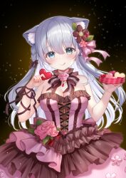 Rule 34 | 1girl, :q, absurdres, animal ear fluff, animal ears, arm ribbon, blue eyes, blush, bow, breasts, cat ears, cat girl, cleavage, collar, dress, dress flower, extra ears, flower, flower collar, frilled collar, frilled dress, frills, green eyes, grey hair, hair between eyes, hair bow, hair flower, hair ornament, heart, heterochromia, highres, holding, holding heart, lolita fashion, long hair, looking at viewer, medium breasts, original, pink bow, pink dress, pink flower, ribbon, sakura moyon, strapless, strapless dress, tongue, tongue out