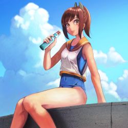 Rule 34 | 1girl, arm support, blouse, blue sky, brown eyes, brown hair, cloud, covered navel, day, i-401 (kancolle), kantai collection, kazunoko, looking at viewer, one-piece swimsuit, ponytail, ramune, school swimsuit, shirt, sidelocks, sky, sleeveless, sleeveless shirt, smile, solo, swept bangs, swimsuit, swimsuit under clothes, thighs, white shirt